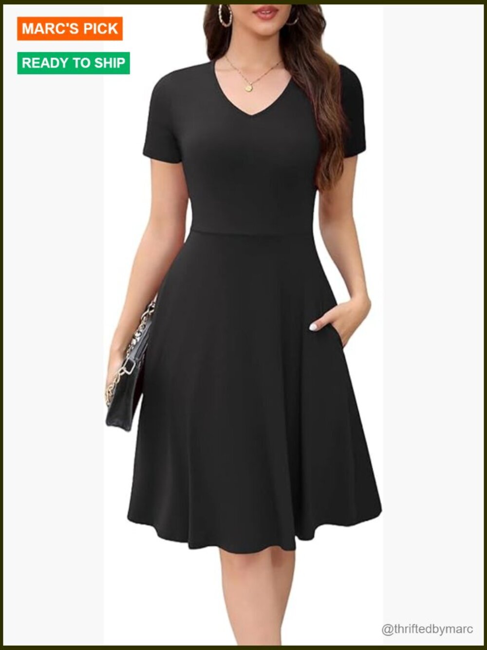 Knee Length V Neck A Line Dress with Pockets 562